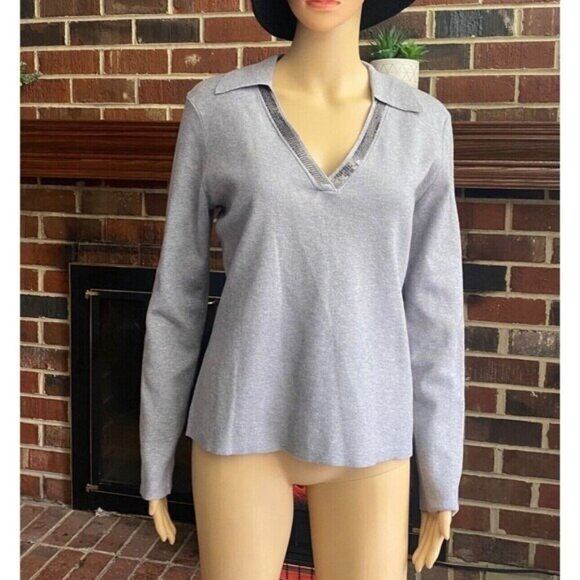 Calvin Klein Women's Shirt V-Neck Long Sleeve Sequin Collared Gray Size M New - Picture 3 of 14